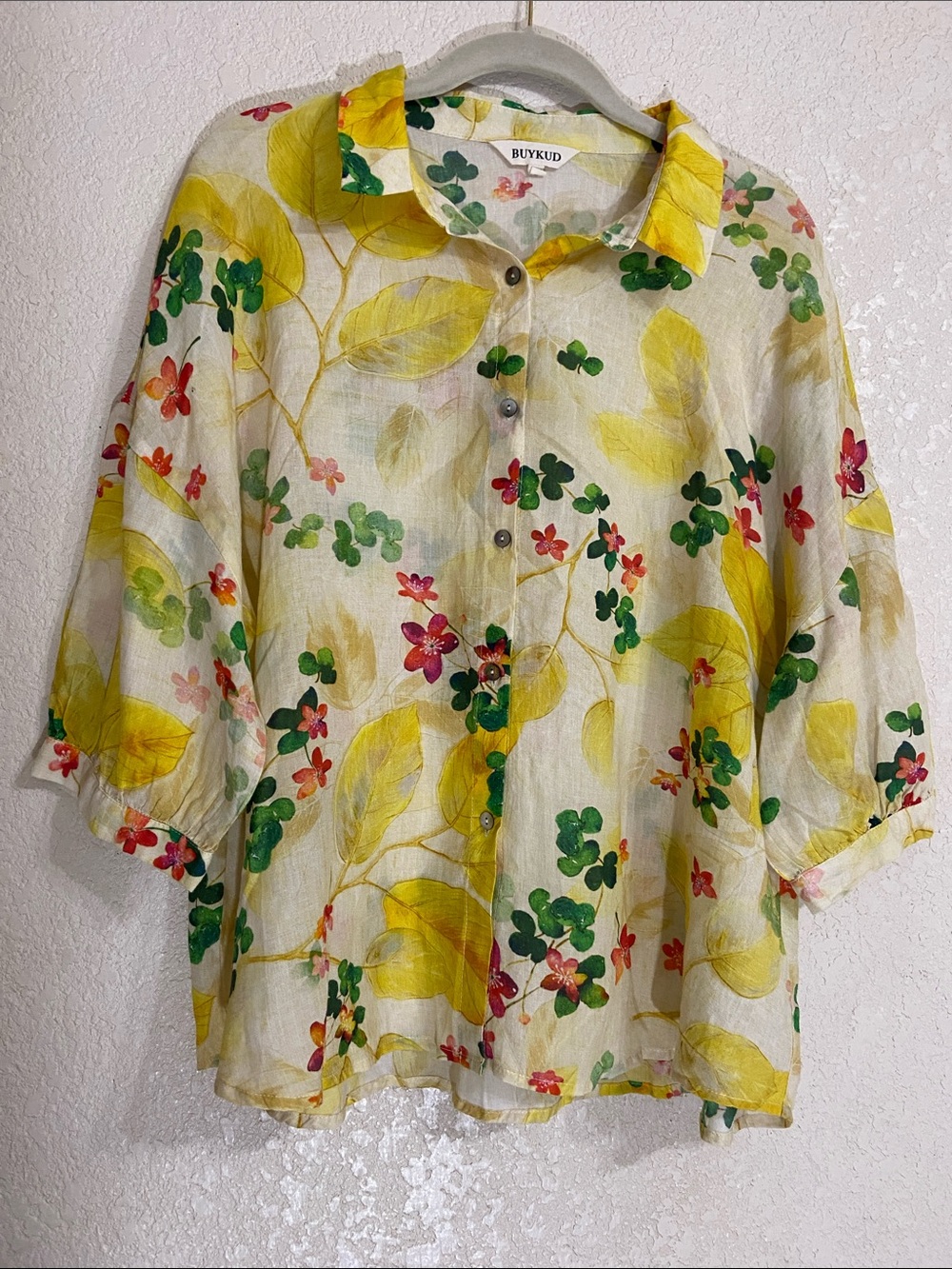 BUYKUD Yellow Floral Button-Front Women's Shirt